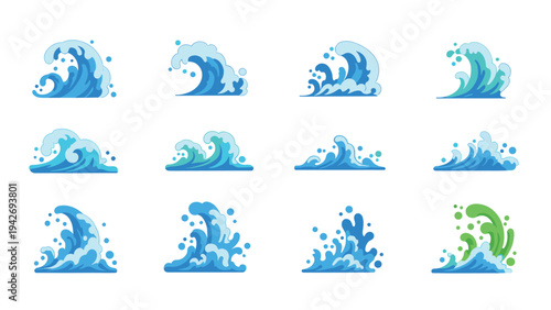 Set of stylized ocean waves with diverse patterns and colors