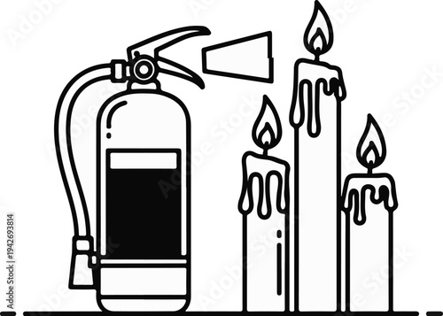 A fire extinguisher sits next to three lit candles, one slightly taller.