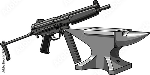 A firearm rests on an anvil