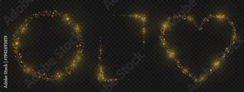 Golden snowflake borders, elegant winter abstract frames isolated on dark transparent background. Festive snow glowing heart, circle and square, Christmas decorative elements for holiday greeting card