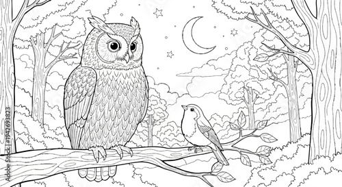 A large owl and a small bird perch on a tree branch at night under the moon