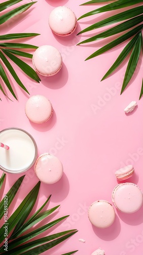 Pink background with macarons, palm leaves, and candle