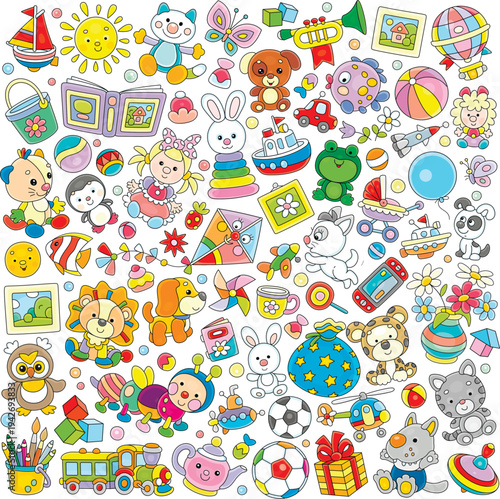 Colorful cute children’s toys and objects for little boys and girls, a set of vector cartoon illustrations on a white background