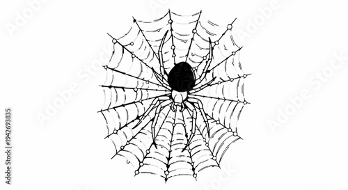 A black spider rests on its intricate web, spun in a radial pattern