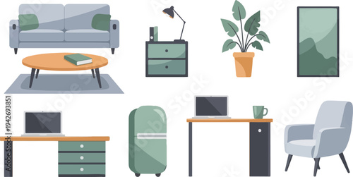 A living room scene with a couch, coffee table, desk, chair, and potted plant