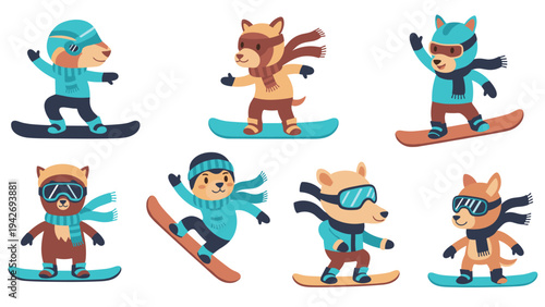 Cute animals snowboarding in winter attire with scarves and hats