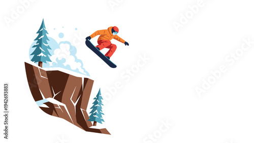 Winter adventure: snowboarder leaping off cliff in bold flat design