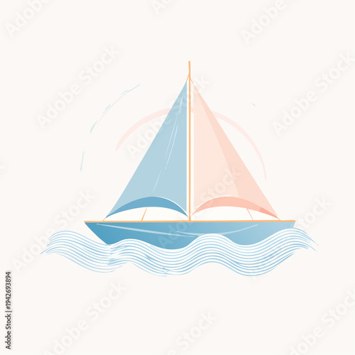 Sailboat sailing on tranquil blue waves with soft pink and blue sails