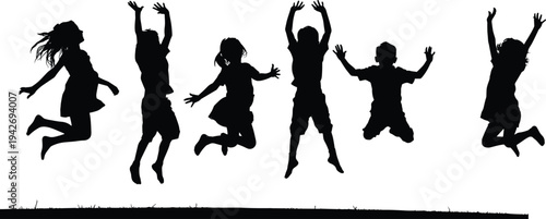 Silhouette of happy diverse children jumping in air on white background representing childhood joy, freedom, playfulness, summer energy and active lifestyle