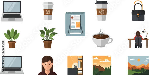 A flat design collage of modern work and leisure items