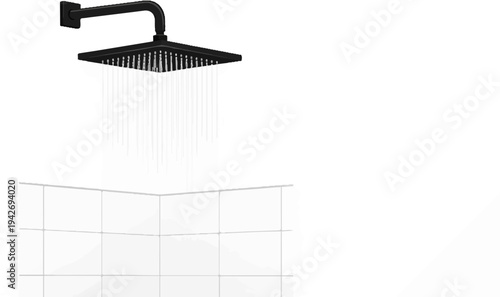 A black square showerhead sprays water onto white tiled surface