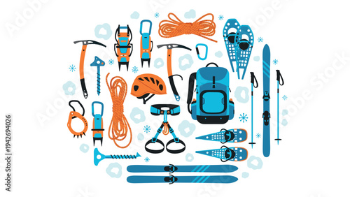 Winter outdoor adventure gear collection featuring equipment for skiing and climbing
