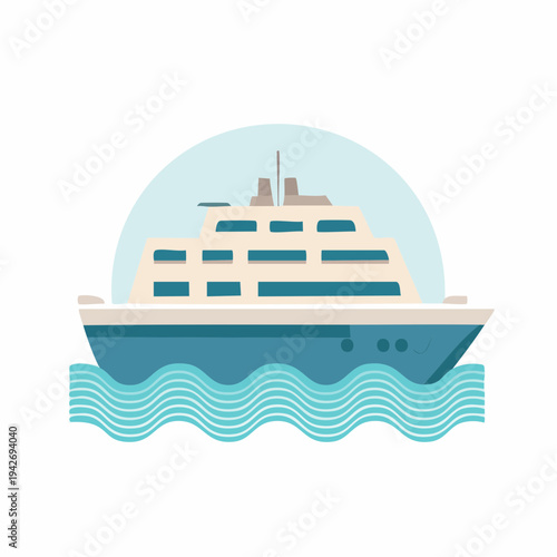 Vibrant Flat Design Vector Illustration of a Modern Cruise Ship Sailing on Calm Ocean Waters Under a Clear Sky