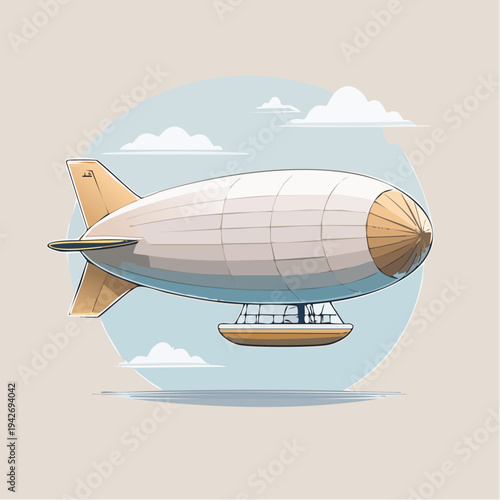 Illustration of a futuristic blimp soaring through the sky with clouds