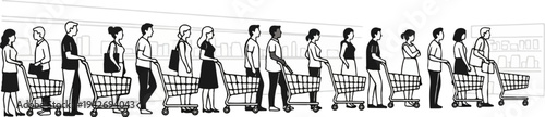 A long queue of diverse people with shopping carts in a store