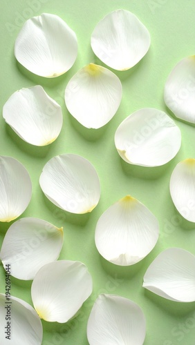 Scattered white petals on a light green surface, top-down view