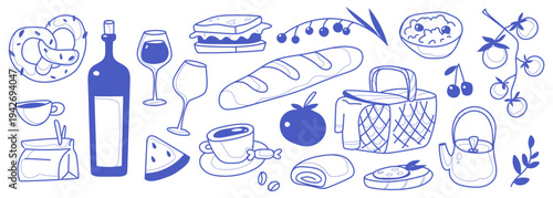 Hand-drawn blue ink picnic sketch items set isolated on white background. Vector illustration of wine bottle and glass, food basket, sandwich and pretzel, coffee and baguette, summer breakfast in park