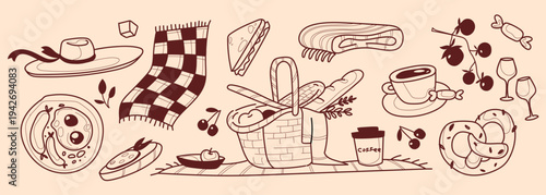 Hand-drawn black picnic sketch items set isolated on background. Vector illustration of food basket, sandwich and pretzel, coffee, tomatoes, sausage and fried eggs for summer breakfast in park