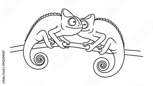 Chameleon Couple on Branch: A charming line art illustration depicts two chameleons perched closely on a branch, their curled tails adding a whimsical touch.