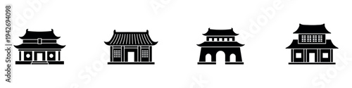 Traditional Asian Architecture Icon Set. Solid Vector Illustration of Pagodas, Temples, and Oriental Buildings Symbols.