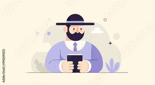 A man in a hat holds a book, set against a soft, patterned background