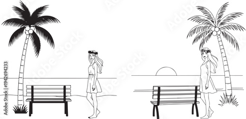 Tropical beach line art with woman, palm tree and sunset.