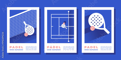 Padel tournament posters. Set of vector illustrations with court, rackets and ball, modern sport match flat banner design. Paddle tennis event flyers and competition templates