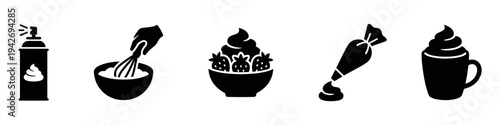 Whipped cream and baking process icons set for dessert and kitchen design vector illustration