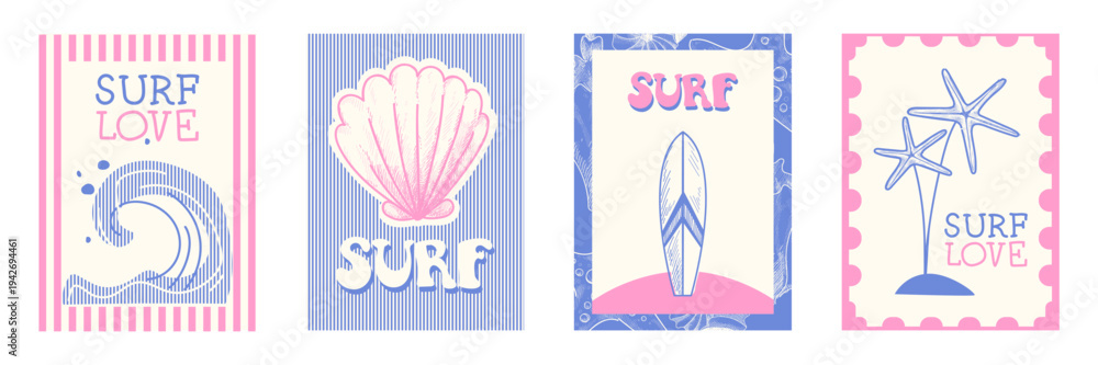 Obraz premium Retro set of love surf posters in pastel pink and blue colors. Vector illustration of ocean wave, sea shell, surfboard, starfish icons in simple frames, summer beach activity, vacation banner designs