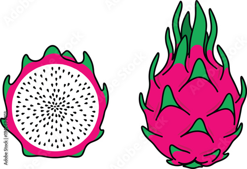 dragon, fruit, pitaya, tropical, exotic, fruit, fresh, healthy, organic, slice, whole, nutrition, dessert, vegan, food, colorful, vitamin, illustration, vector, icon