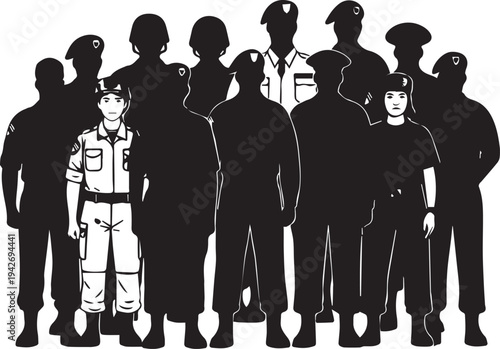 Group of diverse military personnel silhouettes vector illustration for army recruitment