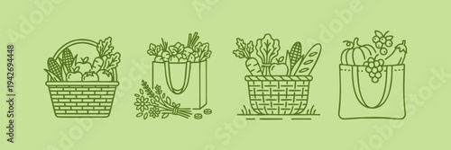 Sustainable Grocery Shopping and Fresh Organic Produce Baskets Set
