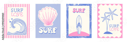 Retro set of love surf posters in pastel pink and blue colors. Vector illustration of ocean wave, sea shell, surfboard, starfish icons in simple frames, summer beach activity, vacation banner designs