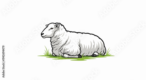 A fluffy white sheep rests peacefully on green grass