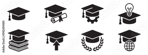 Education and Graduation Icons Set with Mortarboard and Academic Symbols