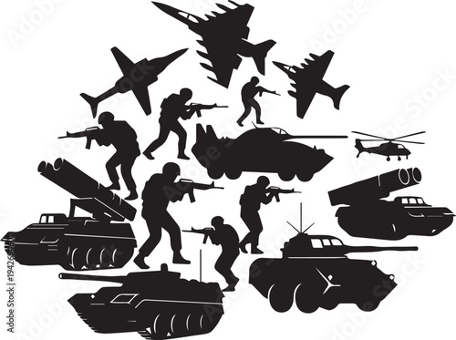 Military equipment and soldiers vector silhouette illustration collection with combat gear