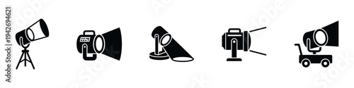 Cinema Spotlight and Searchlight Projection Equipment Icons Set