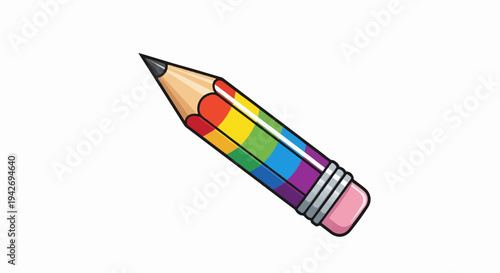 A sharpened pencil with rainbow colored segments and a pink eraser