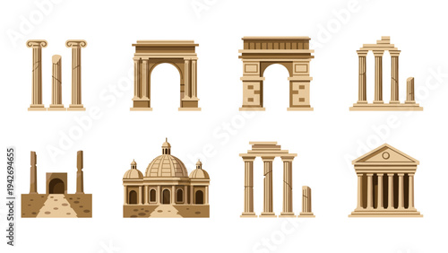 Historic architectural landmarks set in flat style