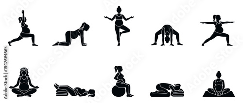 Pregnant woman yoga and fitness exercise icons set. Healthy pregnancy lifestyle silhouettes.