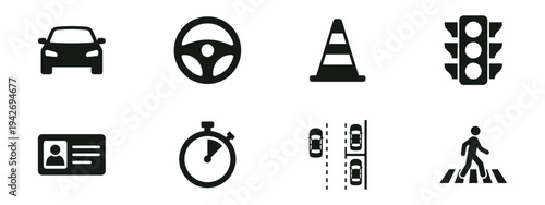 Driving school and road safety icon set. Car driver license and traffic rules symbols.