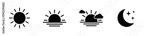 Sun and moon weather icons set. Sunrise, sunset, cloudy sky and night symbols.