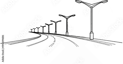 A sketch of a winding road illuminated by a series of streetlights