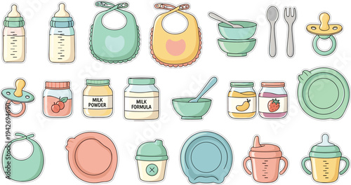 Cute Baby Feeding Essentials Icon Set with Bottles Bib Pacifier Bowls Spoons Milk Formula Containers and Toddler Tableware Nursery Style Vector Collection