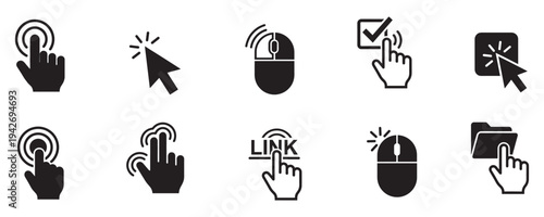 Computer mouse cursor and hand touch gesture icons. Web click, link and pointer symbols.