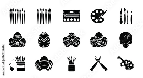 Vector illustration of various art supplies and decorated Easter eggs, perfect for spring craft projects.