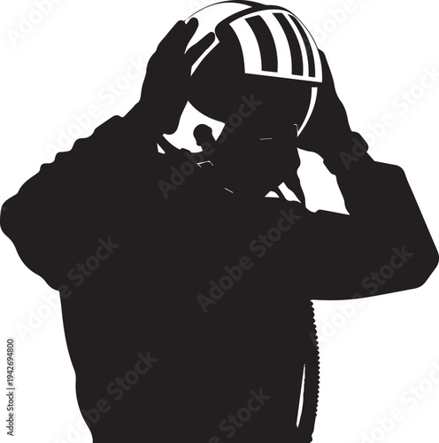 Pilot putting on helmet vector silhouette illustration line art isolated on transparent