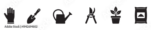 Gardening tools and equipment icon set. Flat black vector icons of watering can, trowel, gloves, pruners, plant and fertilizer bag isolated on white background.