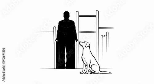 A silhouette of a person stands near a dog at an outdoor gym