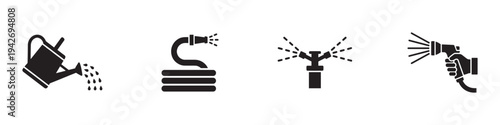Garden watering and irrigation icons set. Watering can, hose and sprinkler symbols.